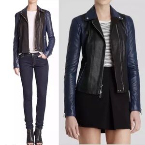 VINCE Color-block Moto Rib-Knit Sleeves Lambskin Leather Jacket